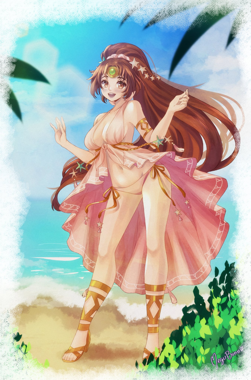 1girl bare_shoulders bikini blush breasts brown_eyes brown_hair circlet cleavage collarbone fire_emblem fire_emblem:_mystery_of_the_emblem fire_emblem:_shadow_dragon fire_emblem_heroes hair_ornament highres jewelry large_breasts linde_(summer)_(fire_emblem) long_hair looking_at_viewer megubunn navel open_mouth pink_bikini ponytail side-tie_bikini_bottom smile solo starfish starfish_hair_ornament swimsuit turtleneck_swimsuit very_long_hair