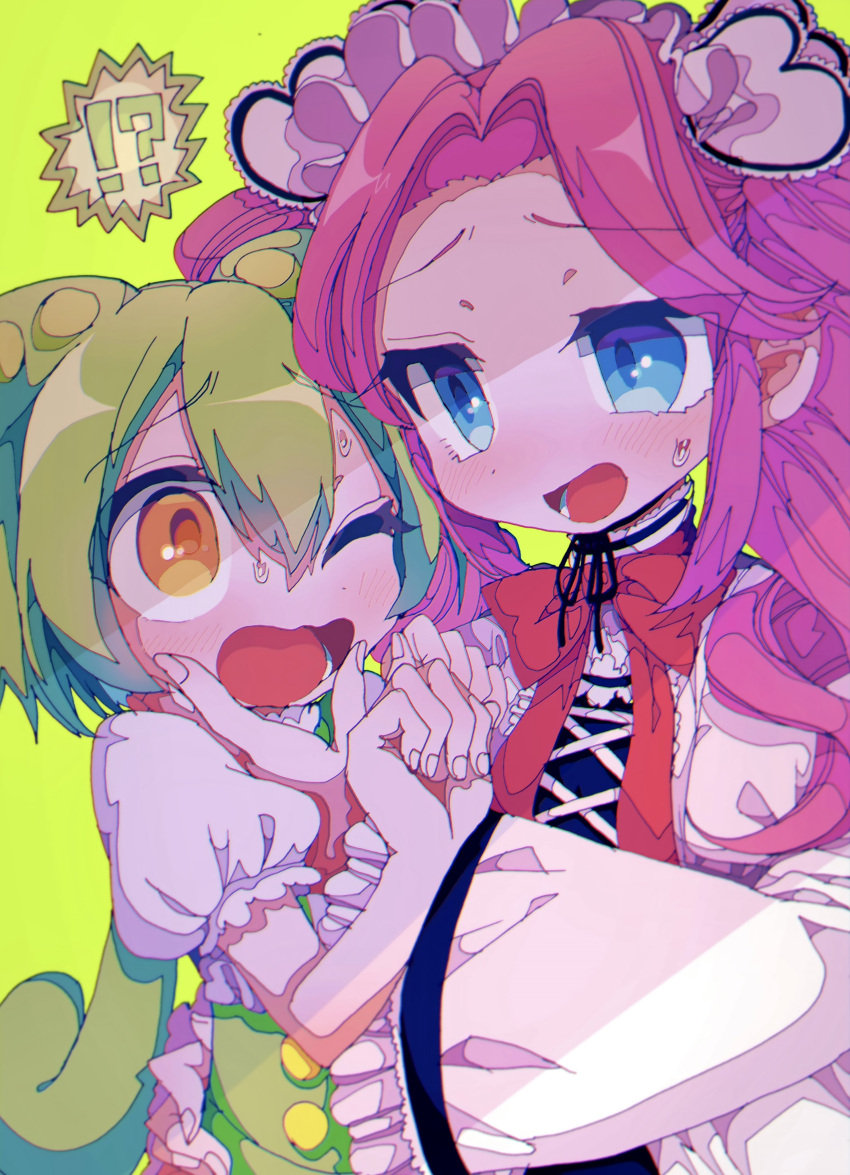 !? 2girls absurdres arm_around_waist blue_eyes blush bow bowtie commentary curtained_hair dress drill_hair flustered frilled_hairband frills furrowed_brow green_background green_hair hairband half-closed_eyes hand_on_another's_chin highres juliet_sleeves lolita_fashion long_hair long_sleeves looking_at_another low_ponytail mekziro multiple_girls nervous_sweating one_eye_closed orange_eyes pink_hair puffy_short_sleeves puffy_sleeves raised_eyebrows red_bow red_bowtie shikoku_metan shirt short_sleeves simple_background smile spoken_interrobang stroking_another's_chin sweat symbol-only_commentary twin_drills upper_body utau voiceroid voicevox wavy_mouth white_dress white_hairband white_shirt wide-eyed wide_sleeves yuri zundamon