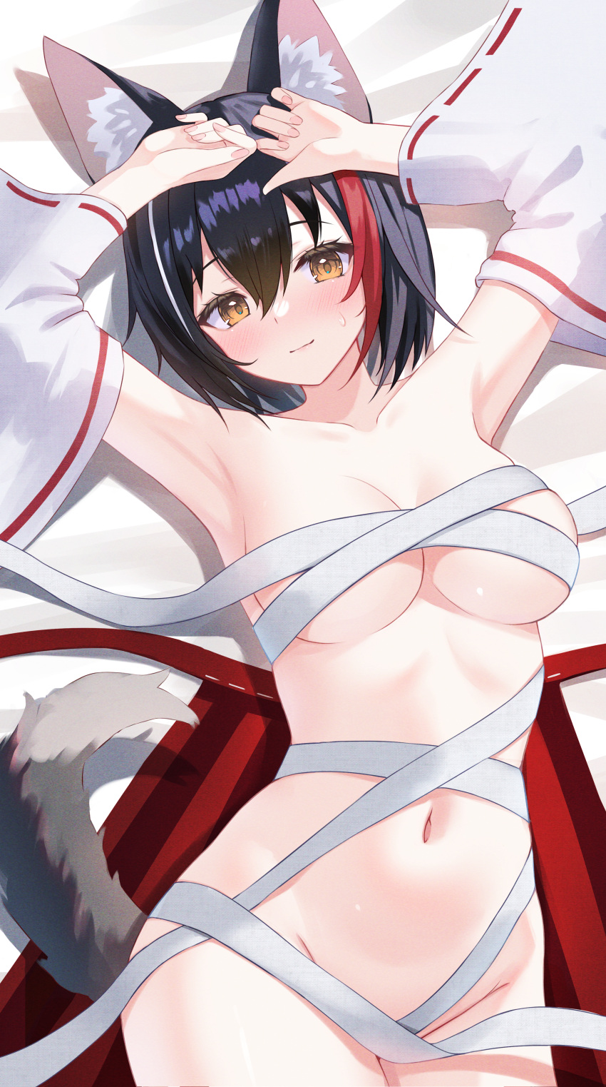 1girl absurdres alternate_hairstyle animal_ear_fluff animal_ears armpits black_hair blush breasts convenient_censoring highres hololive looking_at_viewer medium_breasts multicolored_hair naked_ribbon navel ookami_mio ribbon smile streaked_hair sweatdrop tail togemaru34 virtual_youtuber wolf_ears wolf_tail yellow_eyes