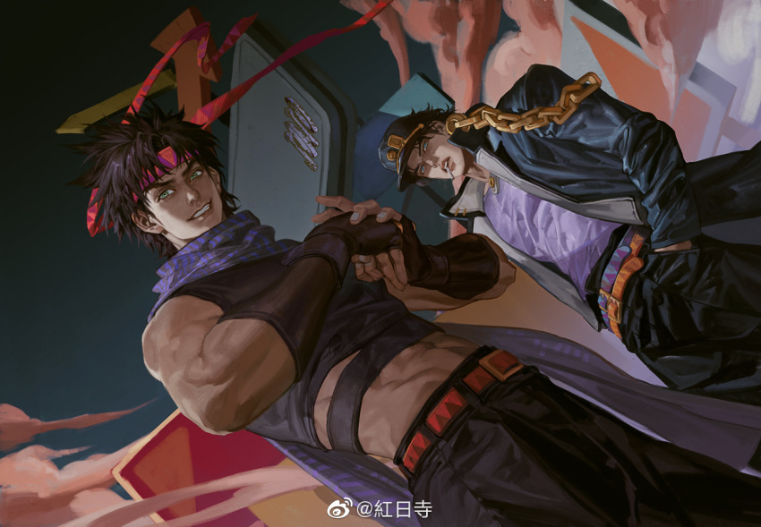 2boys abs arrow_(symbol) battle_tendency belt black_coat black_gloves black_hair black_pants black_shirt brown_hair chain cigarette cloud coat collared_coat cowboy_shot crop_top elbow_gloves elna7070 fingerless_gloves fist_in_hand gakuran gloves grandfather_and_grandson green_eyes grin hands_in_pockets hat headband holding holding_cigarette jojo_no_kimyou_na_bouken joseph_joestar_(young) kuujou_joutarou long_coat long_scarf long_sleeves looking_at_viewer male_focus midriff mouth_hold multiple_boys muscle pants purple_belt purple_shirt red_belt red_headband scarf school_uniform shirt short_hair smile spiked_hair stardust_crusaders weibo_username wristband