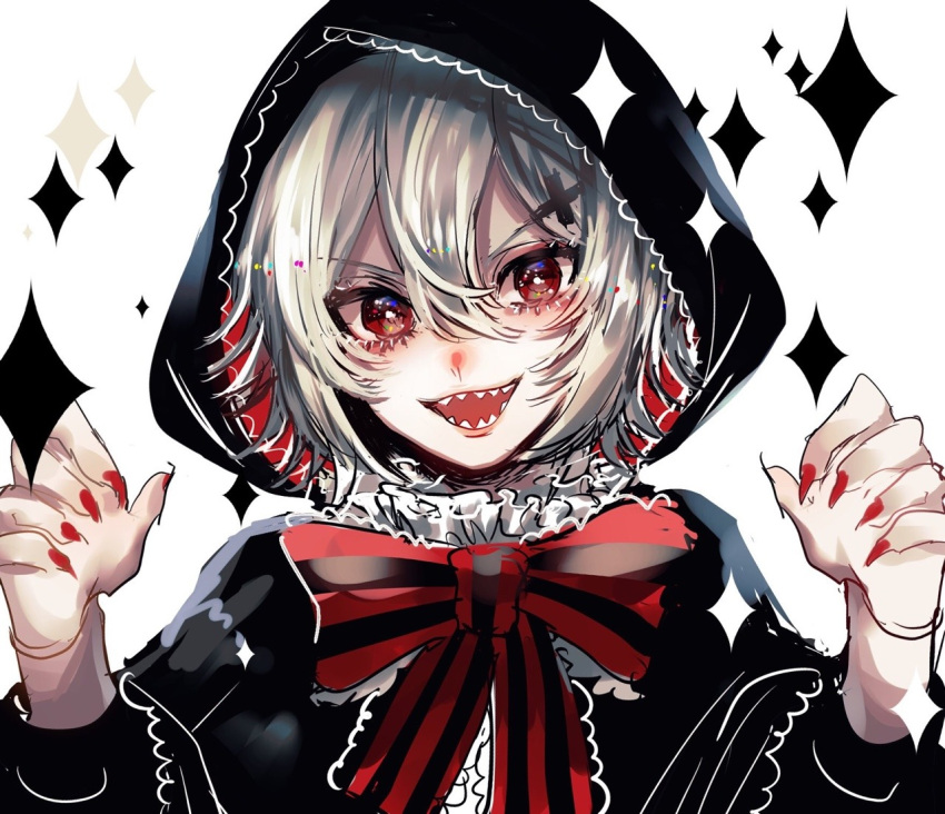 1boy black_cloak black_hood black_sleeves blonde_hair bow bowtie claw_pose cloak collared_shirt commentary_request eyelashes fingernails frilled_shirt_collar frills hair_between_eyes hair_ornament high_collar hood hood_up hooded_cloak lace-trimmed_bowtie lace-trimmed_cloak lace-trimmed_hood lace_trim light_blush long_sleeves looking_at_viewer male_focus nail_polish open_mouth original otoko_no_ko red_bow red_bowtie red_eyes red_hood red_nails sharp_fingernails sharp_teeth shirt short_hair simple_background smile solo sparkle suzune_hapinesu teeth two-sided_hood upper_body white_background white_shirt x_hair_ornament