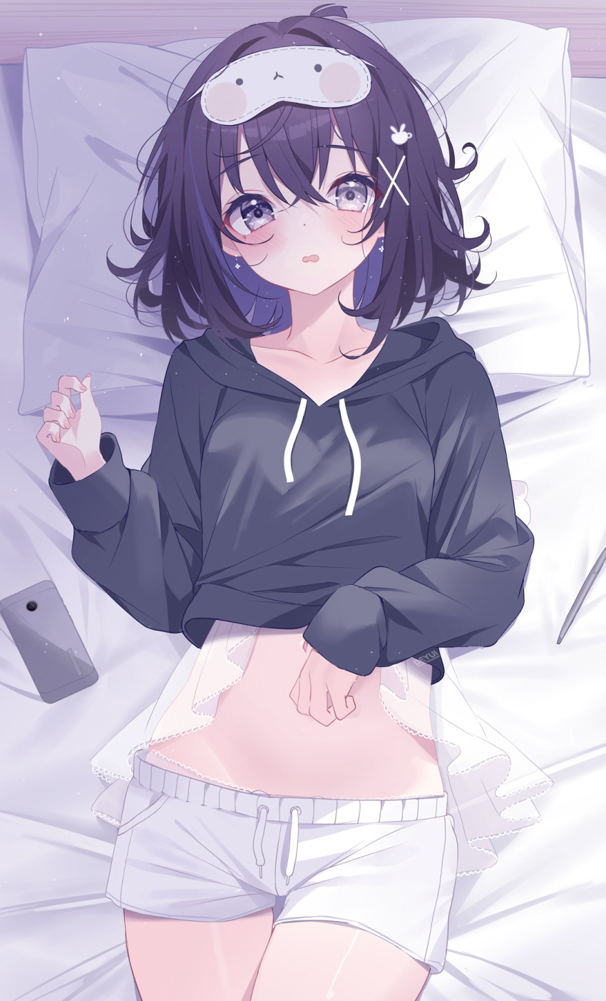 1girl bed_sheet black_jacket blush cellphone collarbone deyui deyuni eye_mask frown hair_between_eyes highres hood hooded_jacket jacket long_sleeves looking_at_viewer lying medium_hair on_back on_bed open_mouth original pants phone pillow purple_eyes purple_hair shorts smartphone solo white_pants