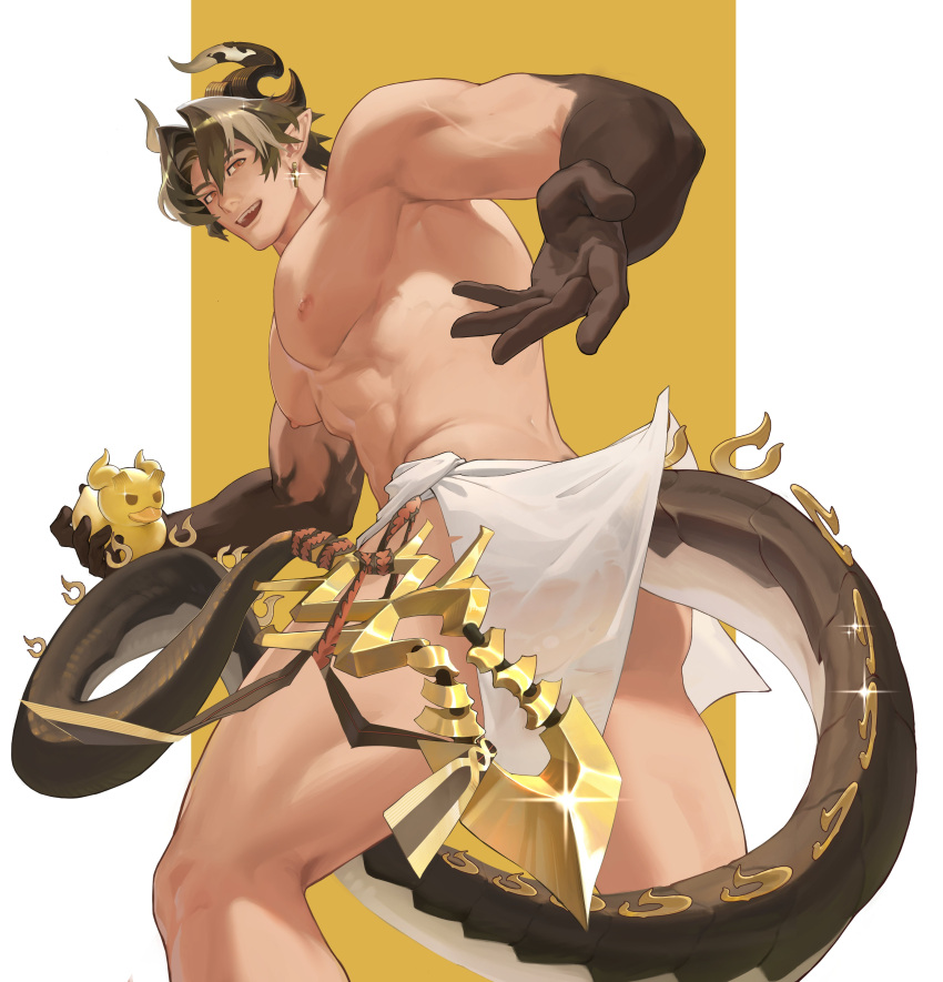 1boy abs absurdres arknights ass bara black_hair chong_yue_(arknights) dragon_boy dragon_horns dragon_tail earrings haruki_(haruki096) highres horns jewelry large_pectorals male_focus multicolored_hair muscular muscular_male nipples open_mouth pectorals pointy_ears short_hair smile solo tail thick_thighs thighs towel towel_around_waist two-tone_hair white_hair