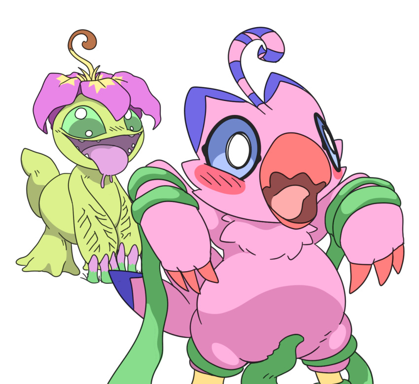 anthro avian bakothemimic bandai_namco beak bird biyomon blue_eyes blush bodily_fluids claws covered_pussy digimon digimon_(species) duo feathers female female/female flower_on_head forced green_body green_sclera green_tentacles hi_res looking_at_another open_mouth palmon pink_body pink_feathers plant rape restrained saliva sex simple_background standing surprised_expression tentacle_on_pussy tentacle_rape tentacle_sex tentacles tongue tongue_out vines white_background