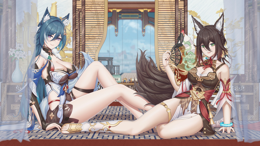 2girls absurdres animal_ears arm_support bare_shoulders black_hair blue_hair breasts cleavage commentary_request curtains detached_sleeves feet folding_fan fox_ears gloves green_eyes hair_between_eyes hand_fan highres holding holding_fan honkai:_star_rail honkai_(series) knee_up large_breasts legs long_hair multiple_girls partially_fingerless_gloves purple_eyes revision suzhi2333 thigh_strap thighlet thighs tingyun_(honkai:_star_rail) toeless_footwear toenails toes very_long_hair yukong_(honkai:_star_rail)