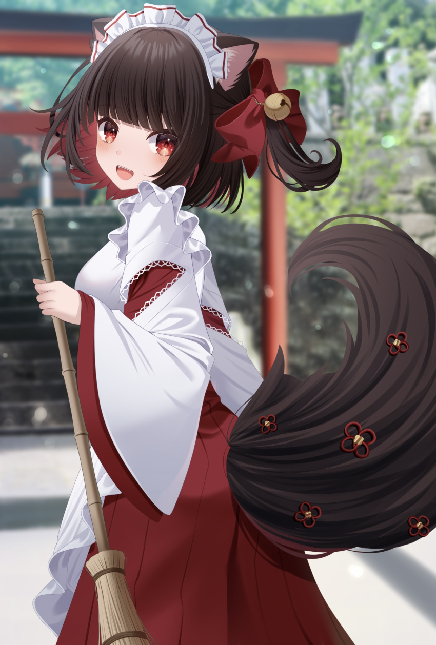 1girl absurdres animal_ear_fluff animal_ears bamboo bell black_hair blurry blurry_background bow broom colored_inner_hair commentary_request depth_of_field from_behind hair_bell hair_bow hair_ornament hakama hakama_skirt highres holding holding_broom japanese_clothes jingle_bell kimono long_sleeves looking_at_viewer looking_back miko multicolored_hair one_side_up original red_bow red_eyes red_hair red_hakama sapphire_(sapphire25252) skirt solo stairs stone_stairs tail white_kimono wide_sleeves