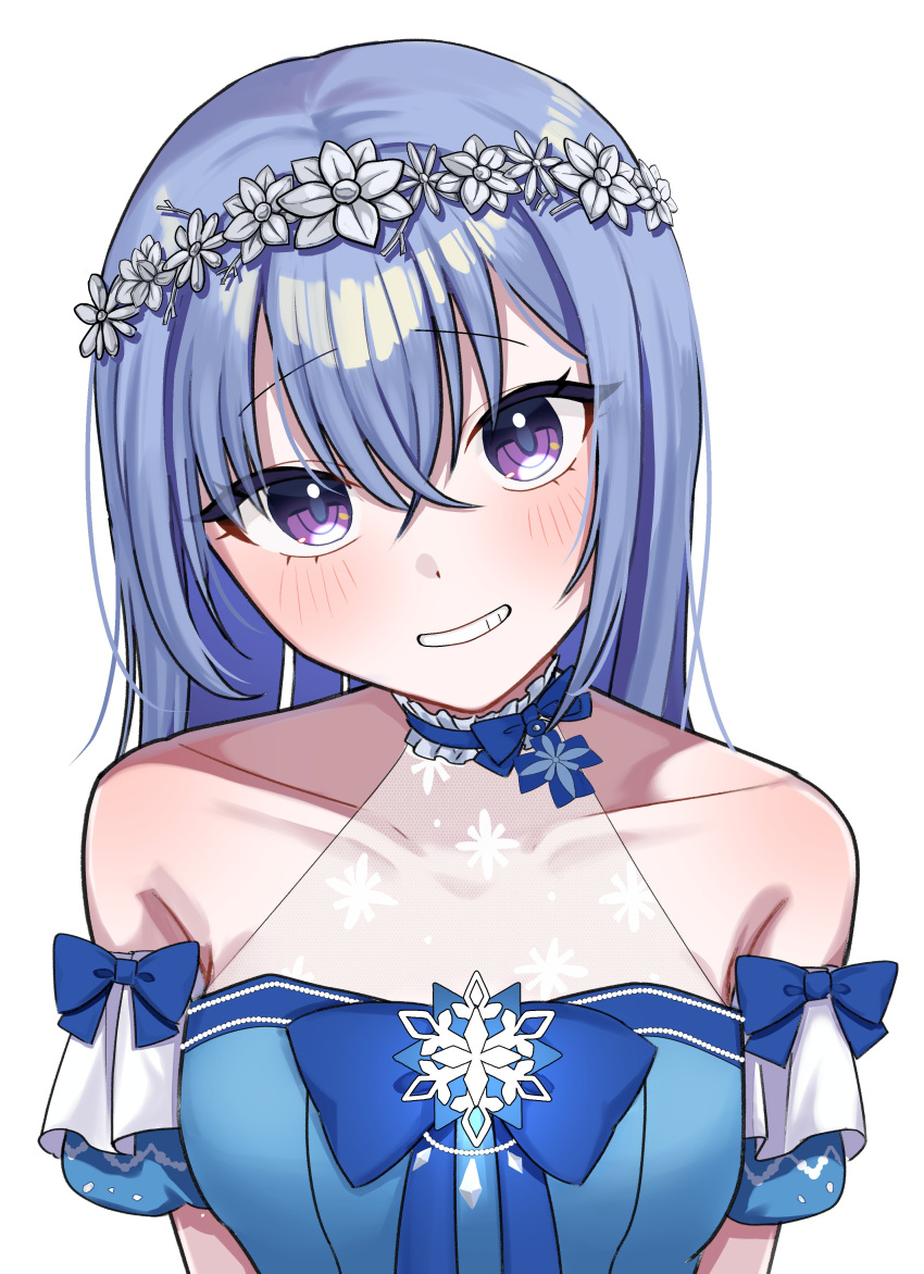 1girl absurdres bare_shoulders blue_bow blue_hair blush bow bow_choker breasts choker commentary_request crossed_bangs detached_sleeves double-parted_bangs dress dress_bow eyelashes flower_wreath frilled_choker frills furuima grin halterneck head_tilt head_wreath highres idolmaster idolmaster_shiny_colors long_hair looking_at_viewer parted_lips purple_eyes see-through simple_background sleeveless small_breasts smile snowflake_ornament suzuki_hana upper_body white_background