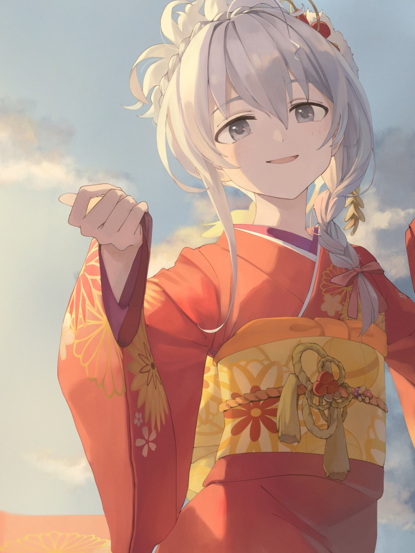 1girl beaky45779868 braid cloud commentary_request dawn grey_eyes grey_hair hair_ornament hair_ribbon hair_up hands_up hatsumoude highres hoshi_syoko idolmaster idolmaster_cinderella_girls japanese_clothes kimono looking_at_viewer obi outdoors parted_lips red_kimono ribbon sash side_braid sky smile solo tassel
