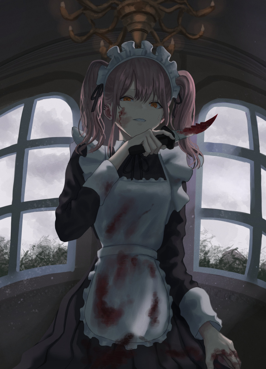 1girl absurdres apron black_dress black_ribbon blood blood_on_clothes blood_on_face blood_on_hands blood_on_weapon chandelier clenched_teeth dress ear_piercing frilled_apron frills hair_ribbon highres holding holding_knife indoors knife kyano_(kyanora3141) light_particles long_sleeves looking_at_viewer maid maid_apron maid_headdress medium_hair neck_ribbon orange_eyes original piercing pink_hair ribbon ringed_eyes solo standing sweat teeth twintails upper_body weapon white_apron window