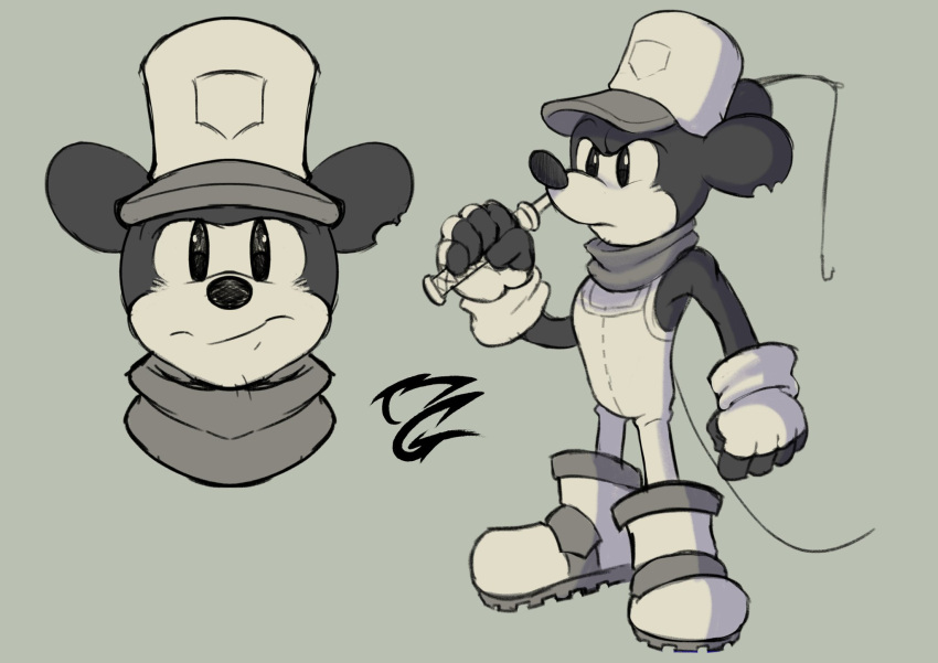 1boy animal_ears animal_nose disney fishing_rod full_body gloves greyscale highres male_focus megadrivebrad mickey_mouse monochrome mouse_boy mouse_tail scarf simple_background solo steamboat_willie tail toon_(style) white_footwear white_gloves white_headwear