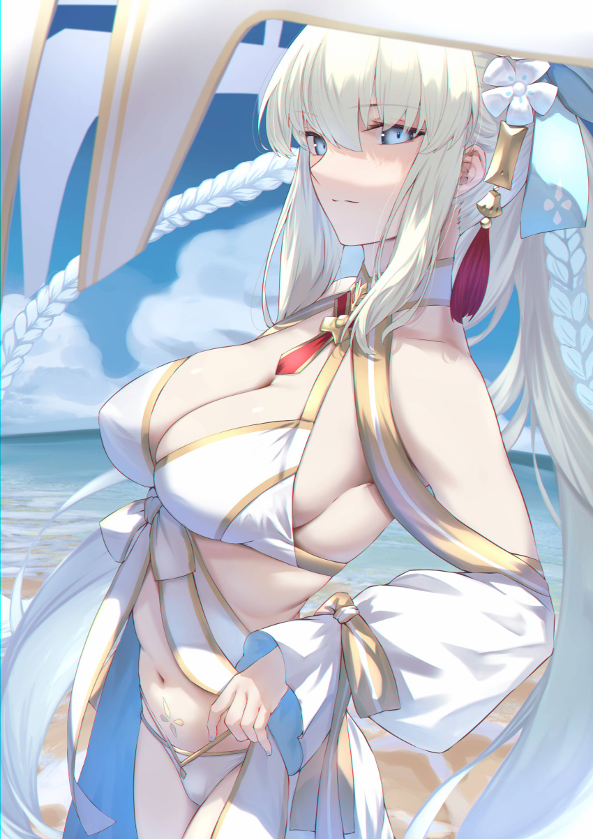 1girl absurdres beach bikini blonde_hair blue_eyes blue_sky breasts cleavage closed_mouth cloud commentary_request day detached_sleeves fate/grand_order fate_(series) hair_between_eyes hair_ornament highres large_breasts long_hair looking_at_viewer morgan_le_fay_(fate) morgan_le_fay_(water_princess)_(fate) ocean okuma707 outdoors sky solo swimsuit very_long_hair white_bikini white_sleeves