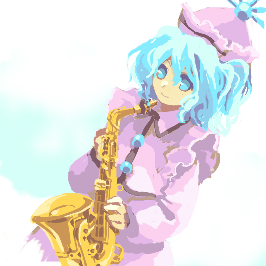 1girl blue_eyes blue_hair buttons closed_mouth collared_shirt commentary_request dutch_angle flat_chest frills hair_between_eyes hat highres holding holding_instrument instrument kaigen_1025 long_sleeves medium_hair merlin_prismriver pink_headwear pink_shirt pink_skirt pink_vest saxophone shirt skirt smile solo touhou vest