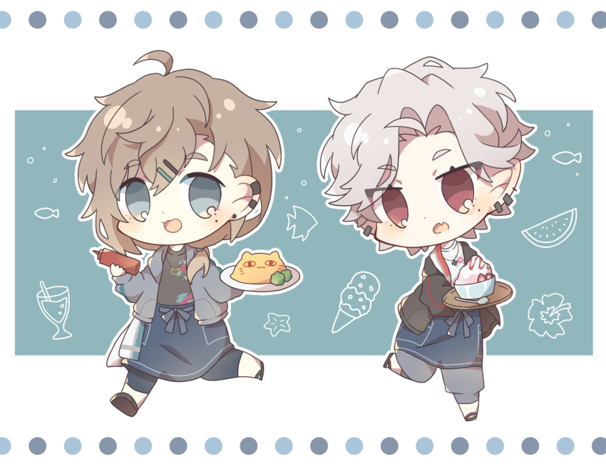 2boys :o blue_eyes brown_hair chibi chronoir ear_piercing fang food full_body highres kanae_(nijisanji) komano_shia kuzuha_(nijisanji) mole mole_under_eye multiple_boys nijisanji omelet omurice open_mouth piercing red_eyes skin_fang smoothie virtual_youtuber white_hair