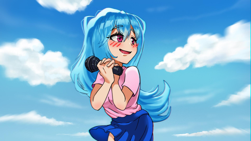 1girl artist_request banner blue_hair blue_sky blush friday_night_funkin' happy heart highres holding looking_to_the_side non-web_source open_mouth pink_eyes purple_eyes shirt skirt sky sky_(friday_night_funkin') smile solo white_shirt