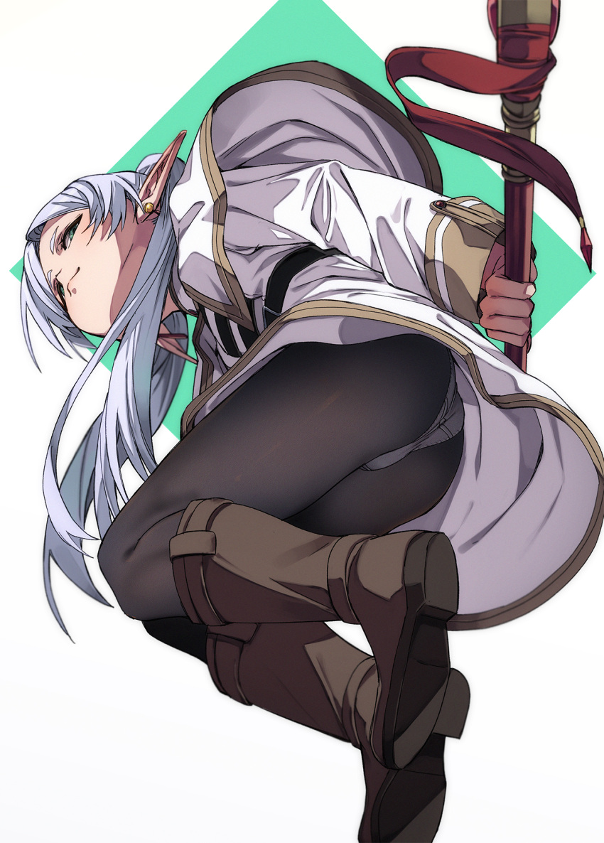 1girl arms_behind_back ass belt black_belt black_leggings boots capelet closed_mouth cut_bangs dangle_earrings drop_earrings earrings elf frieren from_below fu-ta full_body green_eyes grey_hair highres holding holding_staff jewelry leather leather_boots leggings long_hair long_sleeves looking_at_viewer mage_staff midair panties parted_bangs pointy_ears shirt simple_background solo sousou_no_frieren staff striped striped_shirt thighs twintails underwear upskirt white_background white_capelet