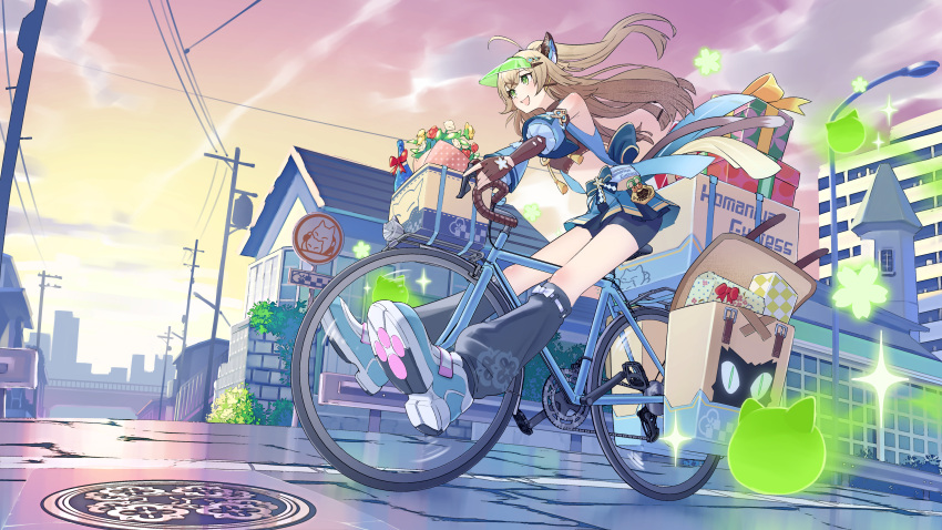 1girl absurdres ahoge animal_ears bicycle bike_shorts blonde_hair blue_skirt building cat_ears cat_girl cat_tail commentary_request full_body genshin_impact gift gradient_sky green_eyes highres house kirara_(genshin_impact) kyouyasai4423 lamppost long_hair long_sleeves manhole_cover multiple_tails official_art open_mouth outdoors pink_sky road road_sign shoes shorts shorts_under_skirt sign skirt sky smile sneakers solo sunrise tail utility_pole visor_cap yellow_sky