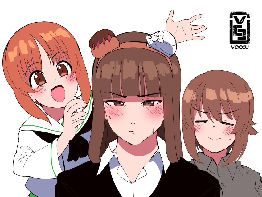 3girls :d animal_ears bear_ears black_jacket blunt_bangs boko_(girls_und_panzer) brown_eyes brown_hair collared_shirt girls_und_panzer highres jacket kuromorimine_school_uniform light_blush long_hair multiple_girls nishizumi_maho nishizumi_miho nishizumi_shiho ooarai_school_uniform orange_hair school_uniform shirt smile sweatdrop voc white_background white_shirt