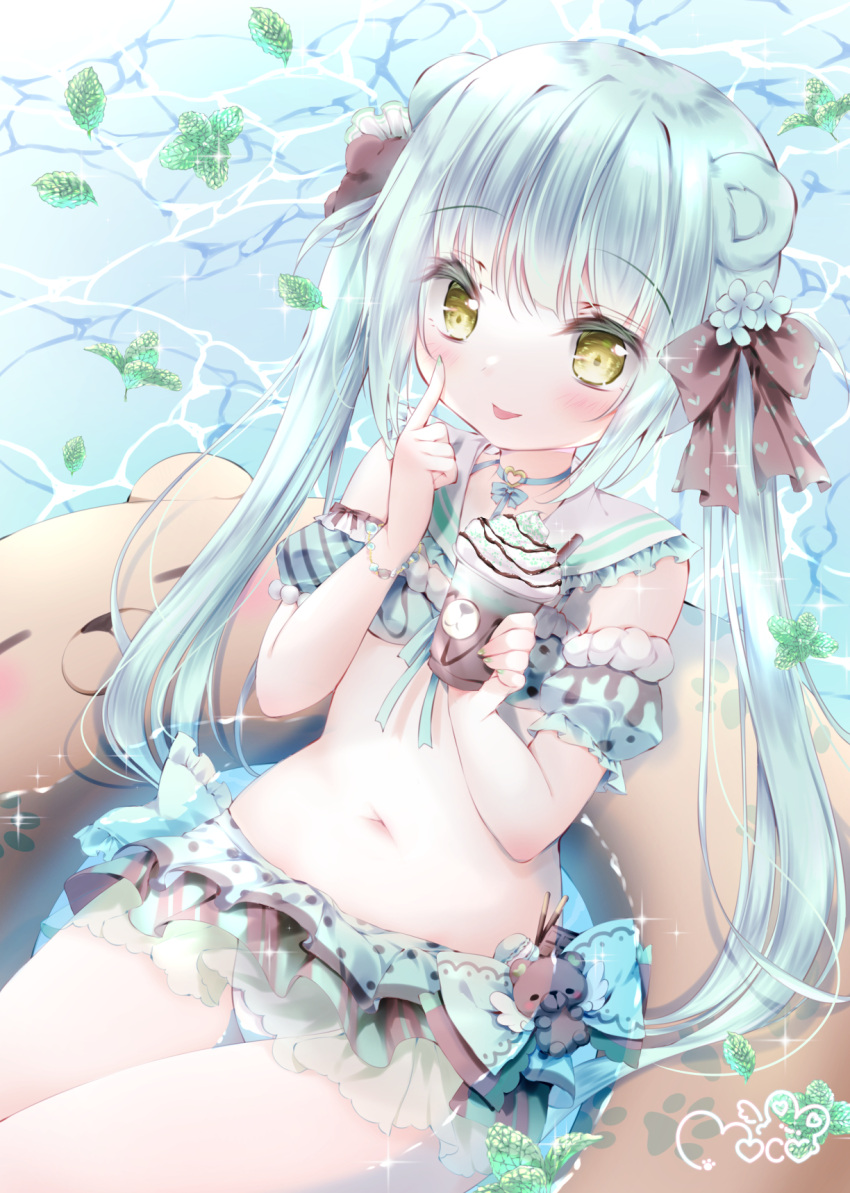 1girl animal_ears bear bear_ears bear_girl bikini bikini_skirt blue_hair blush bracelet choker cup detached_collar detached_sleeves drink drinking_straw food hair_ribbon highres holding holding_cup holding_drink index_finger_raised innertube jewelry leaf long_hair looking_at_viewer macaron moco_ofuton nail_polish navel original pocky ribbon ribbon_choker sailor_collar short_sleeves smile solo sparkle swimsuit thigh_gap tongue tongue_out twintails very_long_hair water whipped_cream yellow_eyes
