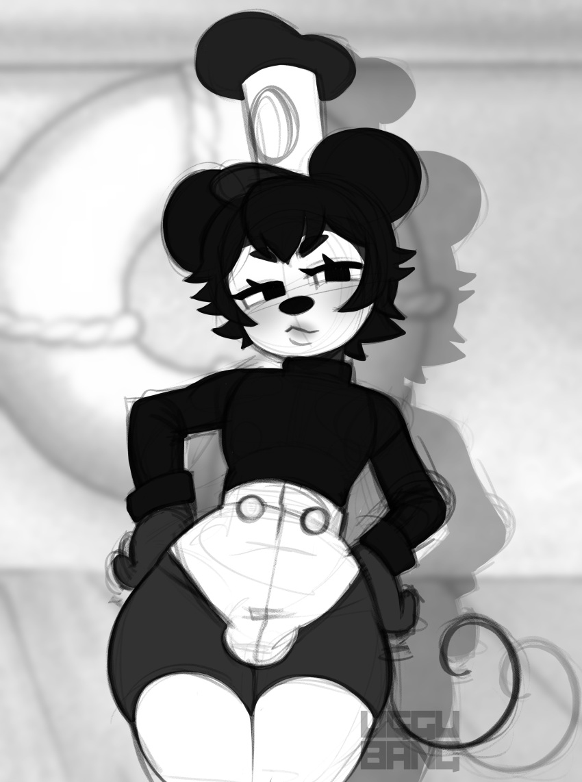 1girl absurdres animal_ears bike_shorts blurry blurry_background breasts closed_mouth commentary cowboy_shot disney english_commentary genderswap genderswap_(mtf) gloves greyscale hands_on_own_hips hat head_tilt highres lifebuoy long_sleeves looking_at_viewer mickey_mouse mickey_mouse_ears monochrome mouse_ears mouse_girl mouse_tail parody retro_artstyle shadow shirt short_hair sketch small_breasts steamboat_willie tail uggu_bang