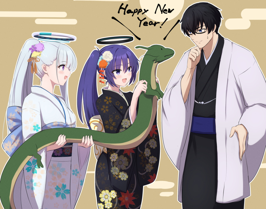 1boy 2girls afrody black-framed_eyewear black_hair black_kimono blue_archive blue_eyes blush closed_mouth dragon eastern_dragon egasumi floral_print glasses grey_hair halo happy_new_year highres japanese_clothes kimono long_hair long_sleeves mechanical_halo multiple_girls noa_(blue_archive) obi open_mouth print_kimono purple_eyes purple_hair sash sensei_(blue_archive) short_hair smile two_side_up white_kimono wide_sleeves yuuka_(blue_archive)