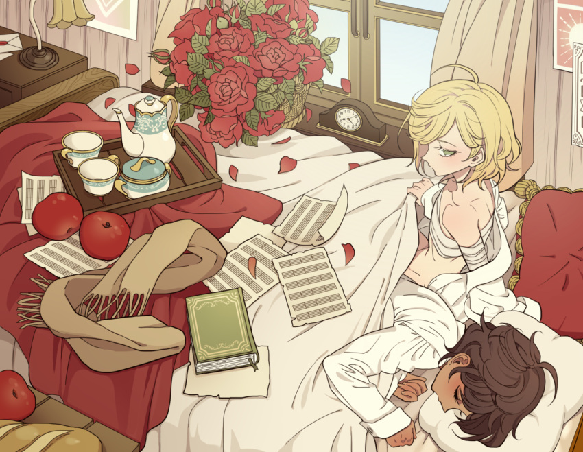 2boys alarm_clock androgynous apple bandaged_arm bandaged_chest bandages blonde_hair book bouquet brown_hair clock closed_eyes collared_shirt cup curtains dark-skinned_male dark_skin desk_lamp envelope flower food fruit gilbert_cocteau green_eyes indoors kaze_to_ki_no_uta lamp long_sleeves looking_at_another male_focus meremero multiple_boys paper petals pillow red_apple red_flower red_rose rose rose_petals scarf serge_battour sheet_music shirt short_hair sitting sleeping table teacup teapot tray under_covers unworn_scarf white_shirt window yaoi