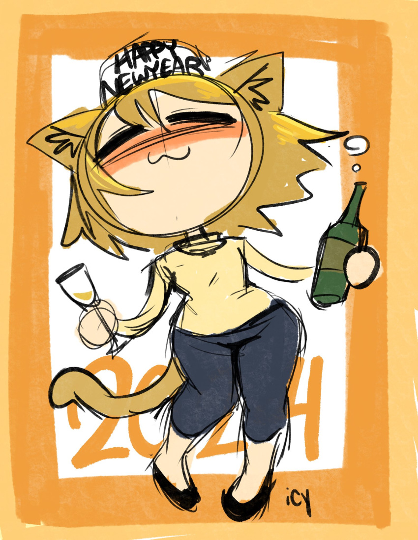 2024 alcohol animal_humanoid anthro artist_name beverage blonde_hair blush bottle bubble cat_humanoid champagne closed_smile clothed clothing colored container curvy_figure digital_drawing_(artwork) digital_media_(artwork) domestic_cat drunk english_text eyes_closed felid felid_humanoid feline feline_humanoid felis female full-length_portrait hair hat headgear headwear hi_res holidays humanoid inner_ear_fluff iseenudepeople light_body light_skin mammal mammal_humanoid motion_lines mouth_closed neco-arc neco_spirit new_year new_year_2024 portrait simple_background smile solo substance_intoxication tail text thick_thighs topwear tsukihime tuft type-moon wide_hips