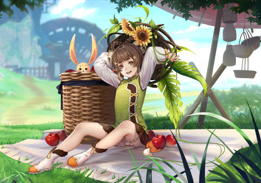 1girl absurdres animal_ears apple blurry blurry_background day flower flower-shaped_pupils food fruit genshin_impact gloves hair_between_eyes hair_ornament highres inga2ooo looking_at_viewer open_mouth outdoors rabbit_ears smile solo sunflower symbol-shaped_pupils teeth tongue vision_(genshin_impact) yaoyao_(genshin_impact) yuegui_(genshin_impact)