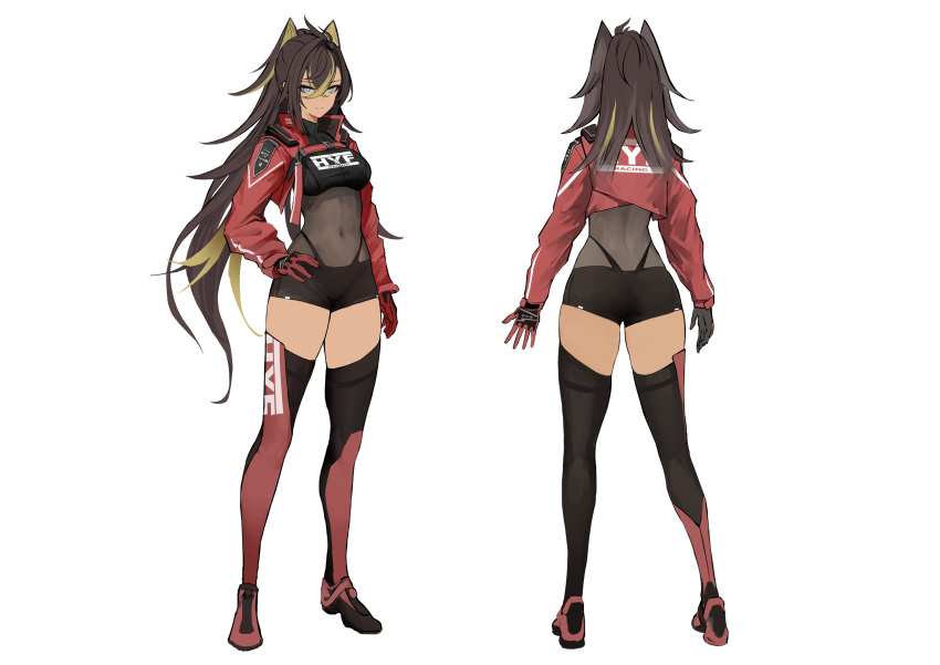 1girl absurdres alternate_costume ass black_hair black_shirt black_shorts blue_eyes boots breasts cropped_jacket cropped_shirt dark-skinned_female dark_skin dehya_(genshin_impact) from_behind full_body genshin_impact gloves hand_on_own_hip highleg highleg_panties highres jacket legs long_hair midriff navel nihoshi_(bipedal_s) official_alternate_costume panties red_gloves red_jacket see-through see-through_shirt shirt short_shorts shorts simple_background solo standing thigh_boots thighs underwear white_background