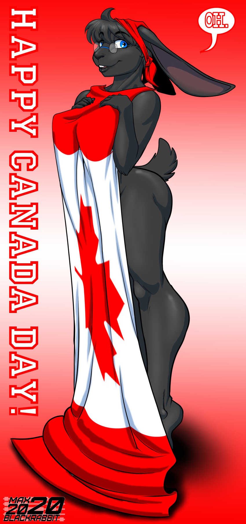 2020 absurd_res anthro arm_tuft big_breasts black_body black_fur blue_eyes breasts buckteeth canada canada_day canadian_flag cheek_tuft clothing dialogue ears_back elbow_tufts eyewear facial_tuft female flag fur glasses gradient_background headgear headwear hi_res lagomorph leporid looking_at_viewer mammal max_blackrabbit maxine_blackbunny nude pivoted_ears rabbit scut_tail simple_background smile solo teeth text tiptoes tuft