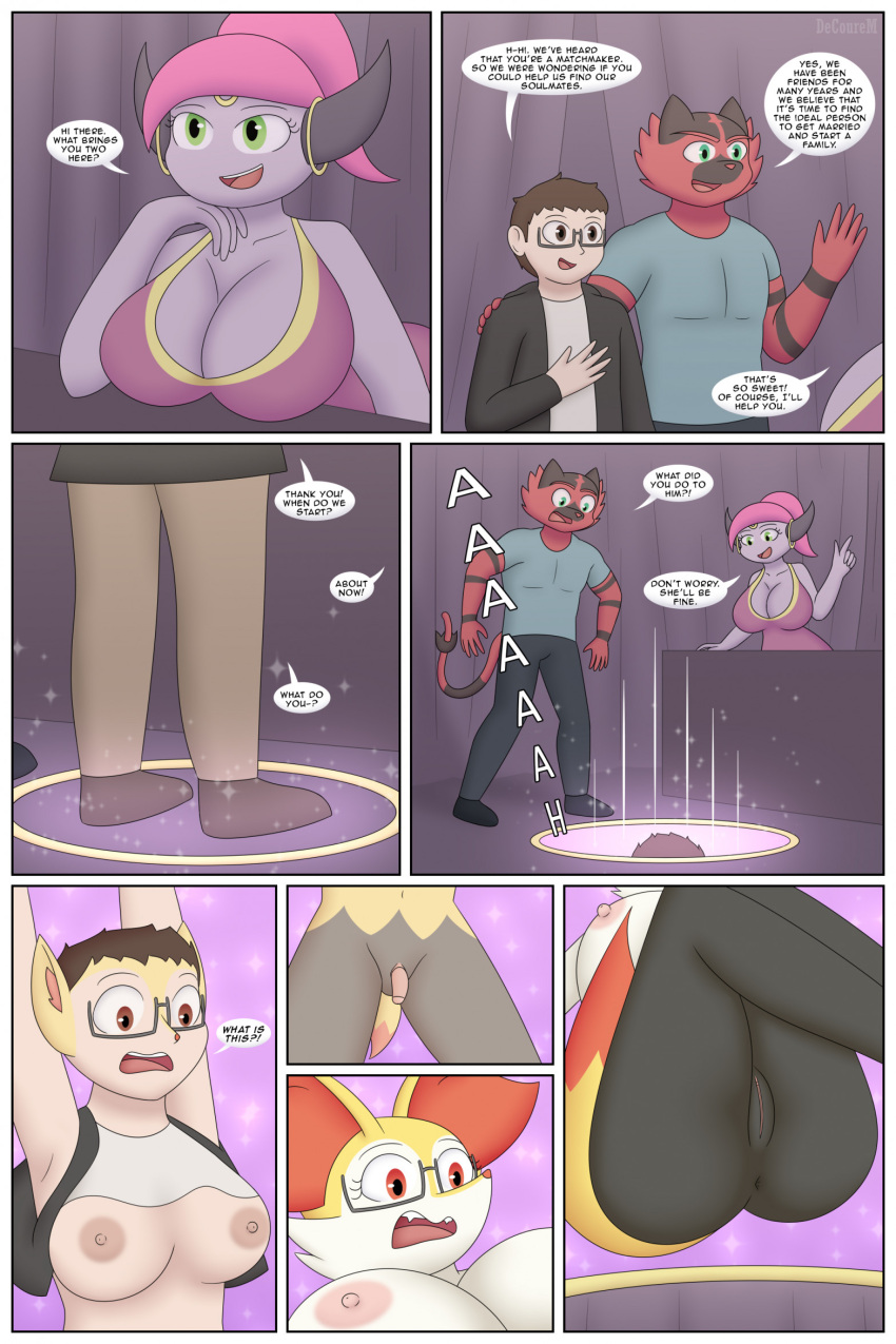 anthro big_breasts black_body black_fur braixen breast_growth breasts clothed clothing colored comic decourem dialogue english_text equid equine eyewear falling female fur gender_transformation generation_6_pokemon generation_7_pokemon genitals glasses group growth hair hair_shrinking hi_res hoopa horse human incineroar legendary_pokemon male mammal mtf_transformation nintendo nipples open_mouth orange_body orange_fur penis penis_to_vagina_tf pink_hair pokemon pokemon_(species) portal purple_body pussy red_body red_fur screaming species_transformation speech_bubble surprised_expression tail tail_growth text thick_thighs transformation trio yellow_body yellow_fur
