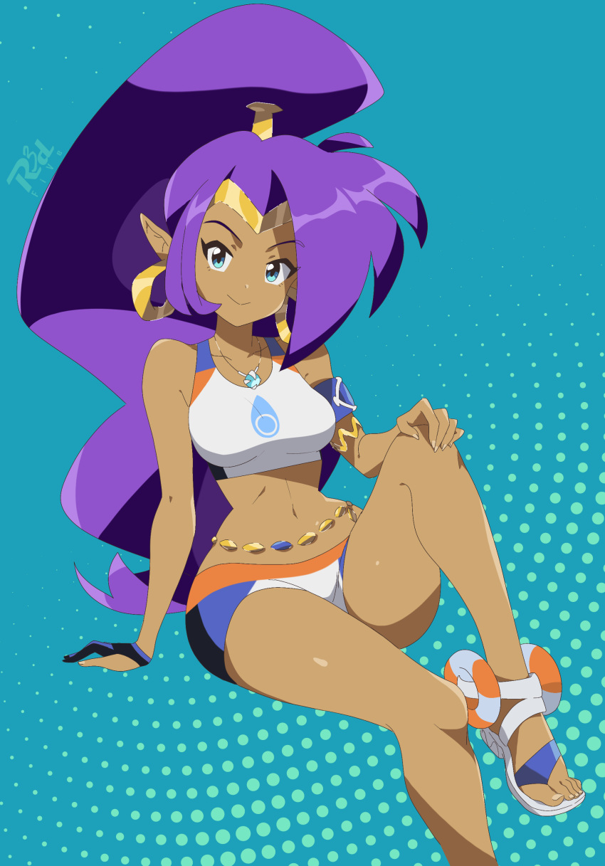 2023 absurd_res bare_shoulders blue_eyes breasts brown_body brown_skin clothing cosplay crossover crossover_cosplay ear_piercing ear_ring feet female fingers footwear genie gym_leader hair hi_res humanoid humanoid_pointy_ears jewelry long_hair looking_at_viewer navel necklace nessa_(pokemon) nintendo not_furry piercing pokemon ponytail purple_hair r3dfive ring_piercing sandals shantae shantae_(series) signature simple_background sitting smile solo toes wayforward