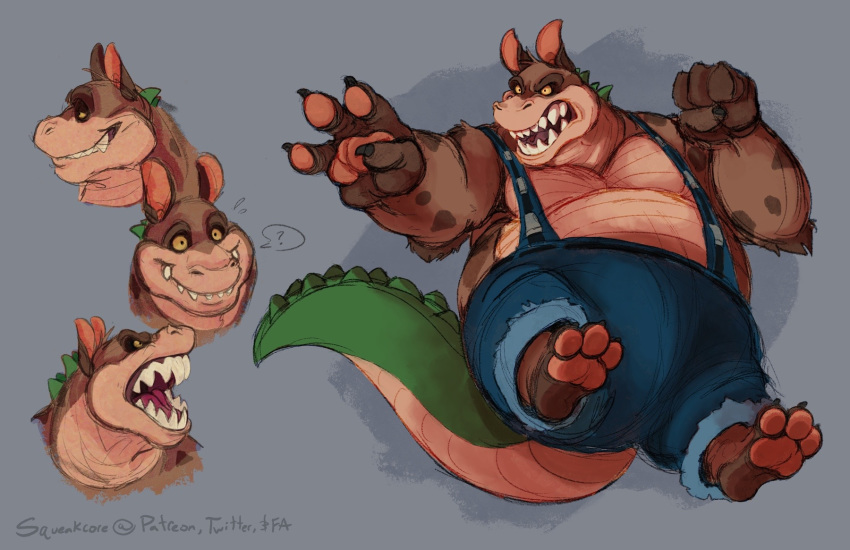 2020 activision angry anthro canid canine canis claws clothing crash_bandicoot_(series) crocodile crocodilian crocodylid digital_media_(artwork) dingo dingodile hi_res hybrid male mammal open_mouth overweight pawpads reptile scalie sharp_teeth simple_background smile squeakcore teeth video_games