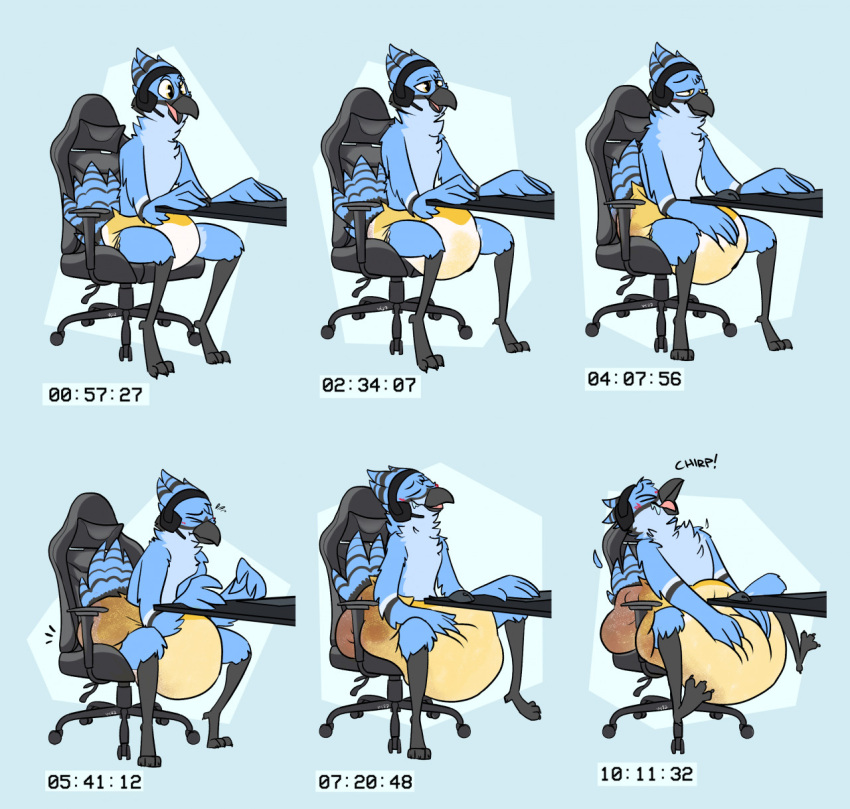 animal_noises anthro aroused arrow_(amberreaper) avian bird blue_jay blush bodily_fluids chirping corvid diaper drooling feces gaming gaming_chair gaming_headset genital_fluids hi_res hyper_soiling hyper_wetting jay_(bird) male masturbation new_world_jay oscine passerine saliva sequence soiling streaming time_lapse urine vanillayote wetting