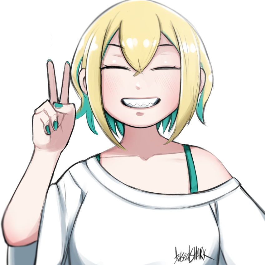 1girl :d ^_^ amano_pikamee basedshark blonde_hair clenched_teeth closed_eyes commentary english_commentary green_hair hand_up highres off-shoulder_shirt off_shoulder sharp_teeth shirt short_hair short_sleeves signature simple_background smile solo teeth upper_body v virtual_youtuber voms white_background white_shirt wide_sleeves