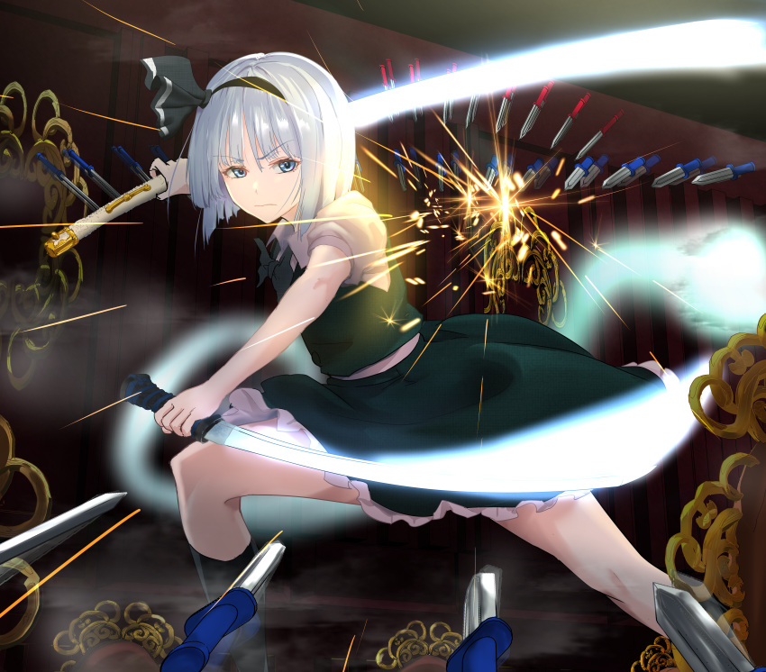 1girl absurdres battle black_bow black_bowtie black_hairband black_ribbon black_socks blue_eyes bob_cut bow bow_hairband bowtie collared_shirt commentary dual_wielding feet_out_of_frame fighting_stance frilled_skirt frills green_skirt green_vest grey_hair hair_ribbon hairband highres holding holding_sword holding_weapon indoors katana kneehighs knife konpaku_youmu konpaku_youmu_(ghost) looking_at_viewer puffy_short_sleeves puffy_sleeves ribbon serious shirt short_sleeves skirt skirt_set socks solo sparks standing straight_hair sword touhou v-shaped_eyebrows vest weapon white_shirt yuri_kowashi_(tetsukabuto_nuranura)