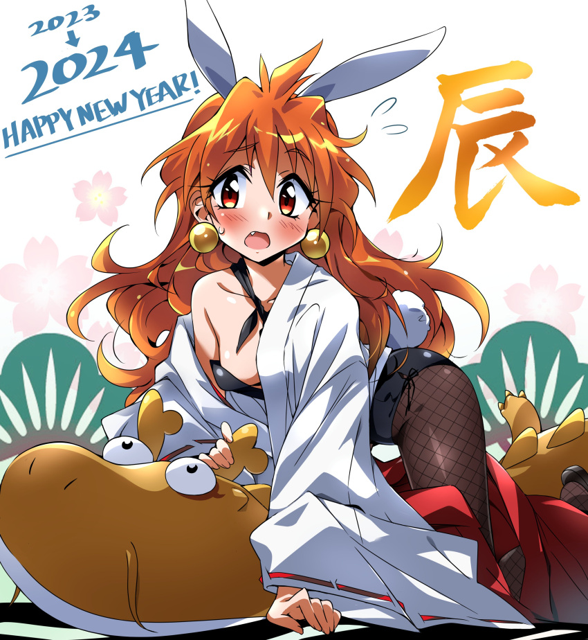 1girl 2023 2024 absurdres animal_ears black_leotard bow bowtie chinese_zodiac earrings fake_animal_ears fang fishnet_pantyhose fishnets highres jewelry leotard lina_inverse long_hair looking_at_viewer orange_hair pantyhose playboy_bunny rabbit_ears rabbit_tail red_eyes slayers solo strapless strapless_leotard tail tokiani year_of_the_dragon year_of_the_rabbit