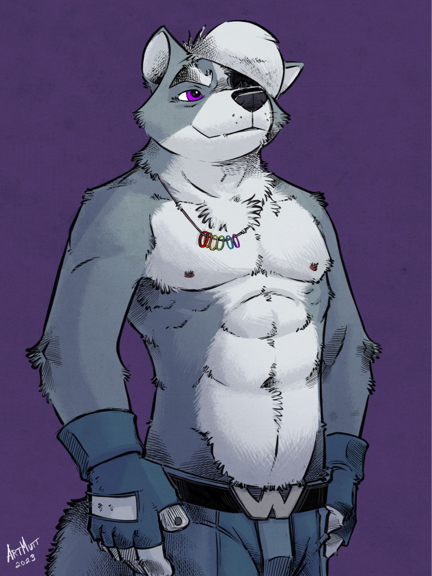 2023 anthro bangs belt bottomwear canid canine canis claws clothed clothing eye_patch eyebrows eyewear fingerless_gloves fur gloves hair handwear hi_res jewelry k-9 lgbt_pride male mammal muscular muscular_anthro muscular_male navel necklace nintendo nipples pants pride_color_jewelry pride_color_necklace pride_colors purple_background rainbow_pride_colors signature simple_background smile solo standing star_fox topless topless_anthro topless_male tuft wolf wolf_o'donnell