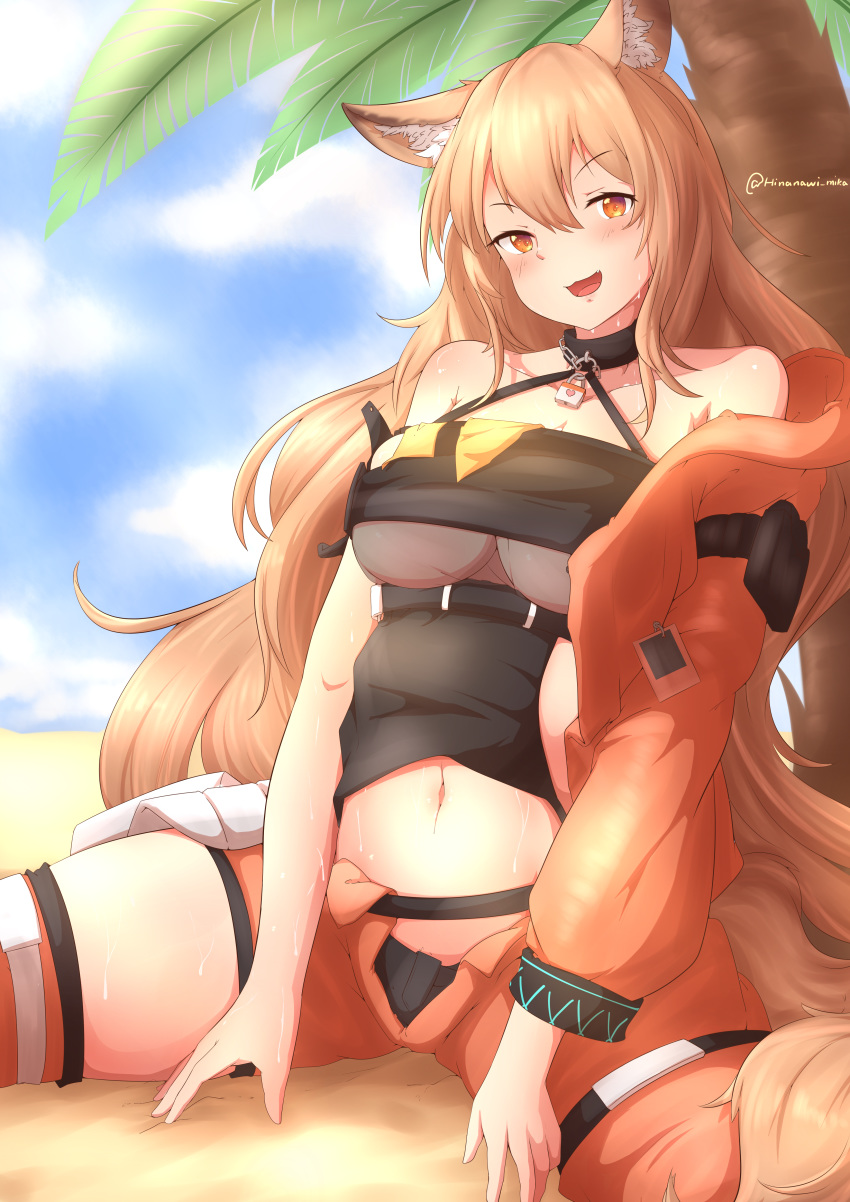 1girl absurdres animal_ear_fluff animal_ears arknights bangs bare_shoulders beach breasts ceobe_(arknights) chain collar dog_ears eyebrows_visible_through_hair hair_between_eyes highres hinanawi_mika huge_filesize jacket light_brown_hair lock midriff navel orange_eyes palm_tree swimsuit thigh_gap thighs tree underboob