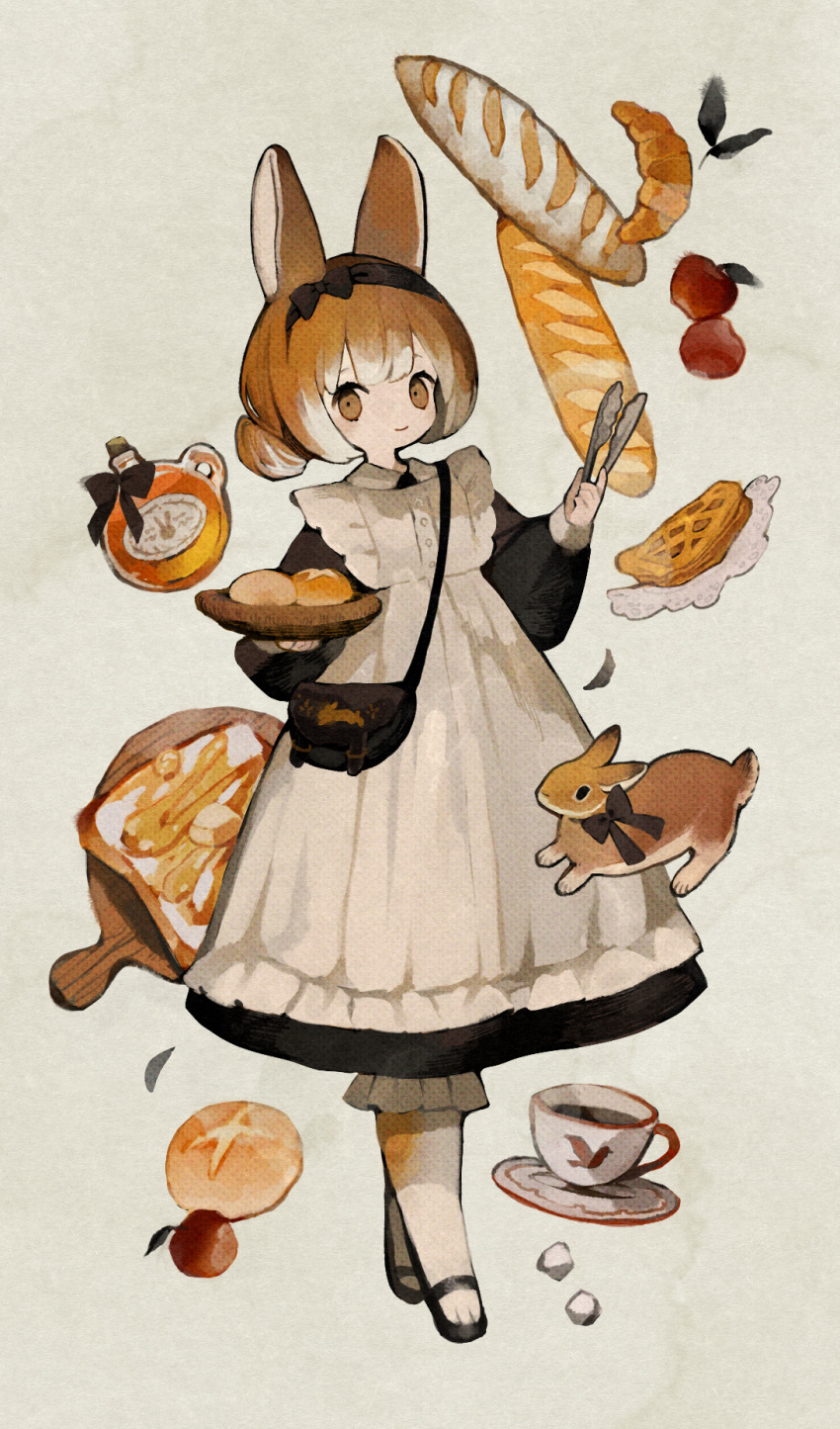 1girl animal animal_ears animal_feet apple apron bag baguette black_bow black_dress black_footwear bloomers bottle bow bow_hairband bowl bread bread_slice brown_eyes brown_hair butter closed_mouth commentary_request croissant cup dress food fruit full_body gradient_hair grey_background hairband handbag hands_up highres holding holding_bowl holding_tongs long_sleeves looking_at_viewer maid multicolored_hair original pastry pie rabbit rabbit_ears rabbit_girl sakutake_(ue3sayu) saucer short_hair shoulder_bag smile solo sugar_cube syrup teacup toast tongs tray white_apron wooden_tray