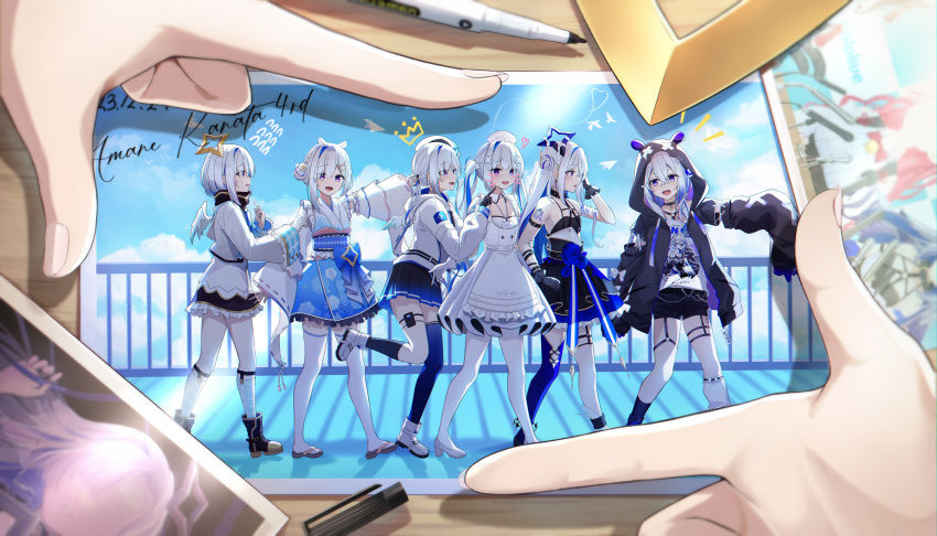 6+girls absurdres amane_kanata amane_kanata_(1st_costume) amane_kanata_(6th_costume) amane_kanata_(another_world) amane_kanata_(new_year) amane_kanata_(nurse) amane_kanata_(work_outfit) angel_wings animal_hood apron arm_strap arm_tattoo asymmetrical_legwear bandaged_arm bandages beret black_collar black_footwear black_gloves black_jacket black_shorts black_skirt black_socks blue_flower blue_hair blue_rose blue_skirt blue_thighhighs blush character_print character_request chest_harness collar colored_inner_hair crossed_bangs detached_collar detached_sleeves drawn_whiskers dress finger_frame flat_chest floral_print flower flying_sweatdrops frilled_apron frilled_skirt frills gloves grey_hair hair_between_eyes hair_bun hair_ornament halo harness hat heart heart_o-ring highres holding_another's_arm hololive hood hooded_jacket id_card index_finger_raised jacket japanese_clothes kimono lanyard layered_skirt leg_up long_hair long_sleeves looking_at_another loose_socks medium_hair mini_wings miniskirt mismatched_legwear multicolored_hair multiple_girls nurse nurse_cap o-ring o-ring_harness o-ring_thigh_strap o-ring_top obi official_alternate_costume official_alternate_hair_length official_alternate_hairstyle open_clothes open_jacket open_mouth outstretched_arm overskirt pantyhose pink_hair pleated_skirt print_kimono print_shirt puffy_long_sleeves puffy_sleeves purple_eyes purple_hair ribbon-trimmed_sleeves ribbon_trim rose sakura_miko sakura_miko_(3rd_costume) sash self_character_print shirt short_shorts shorts sidelocks single_hair_intake single_loose_sock single_side_bun single_thighhigh sira_(user_dswn7488) skirt sleeve_cuffs sleeveless sleeveless_kimono sleeves_past_fingers sleeves_past_wrists socks star_halo streaked_hair tattoo thigh_pouch thigh_strap thighhighs twintails uneven_legwear virtual_youtuber white_apron white_dress white_footwear white_gloves white_headwear white_jacket white_pantyhose white_shirt white_sleeves white_socks white_thighhighs wide_sleeves wing_collar wings x_hair_ornament