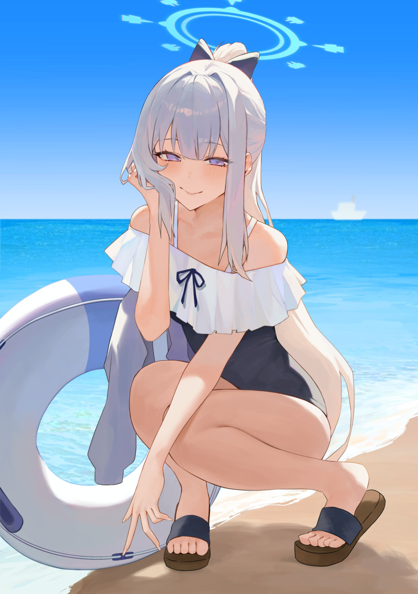 1girl absurdres bare_arms bare_legs bare_shoulders bburi beach black_one-piece_swimsuit blue_archive blue_halo blush closed_mouth day feet frilled_one-piece_swimsuit frills full_body grey_hair halo highres innertube knees_together_feet_apart legs long_hair miyako_(blue_archive) miyako_(swimsuit)_(blue_archive) ocean off-shoulder_one-piece_swimsuit off_shoulder official_alternate_costume one-piece_swimsuit outdoors ponytail purple_eyes sandals smile solo squatting swimsuit toes