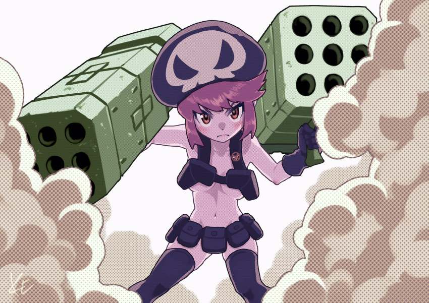 1girl belt black_belt black_gloves black_headwear black_thighhighs blush breasts brown_eyes collarbone frown gloves highres holding holding_rocket_launcher holding_weapon holster jakuzure_nonon kenosousaku kill_la_kill medium_breasts medium_hair navel official_alternate_costume pink_hair pouch rocket_launcher serious skull_print smoke solo thighhighs weapon