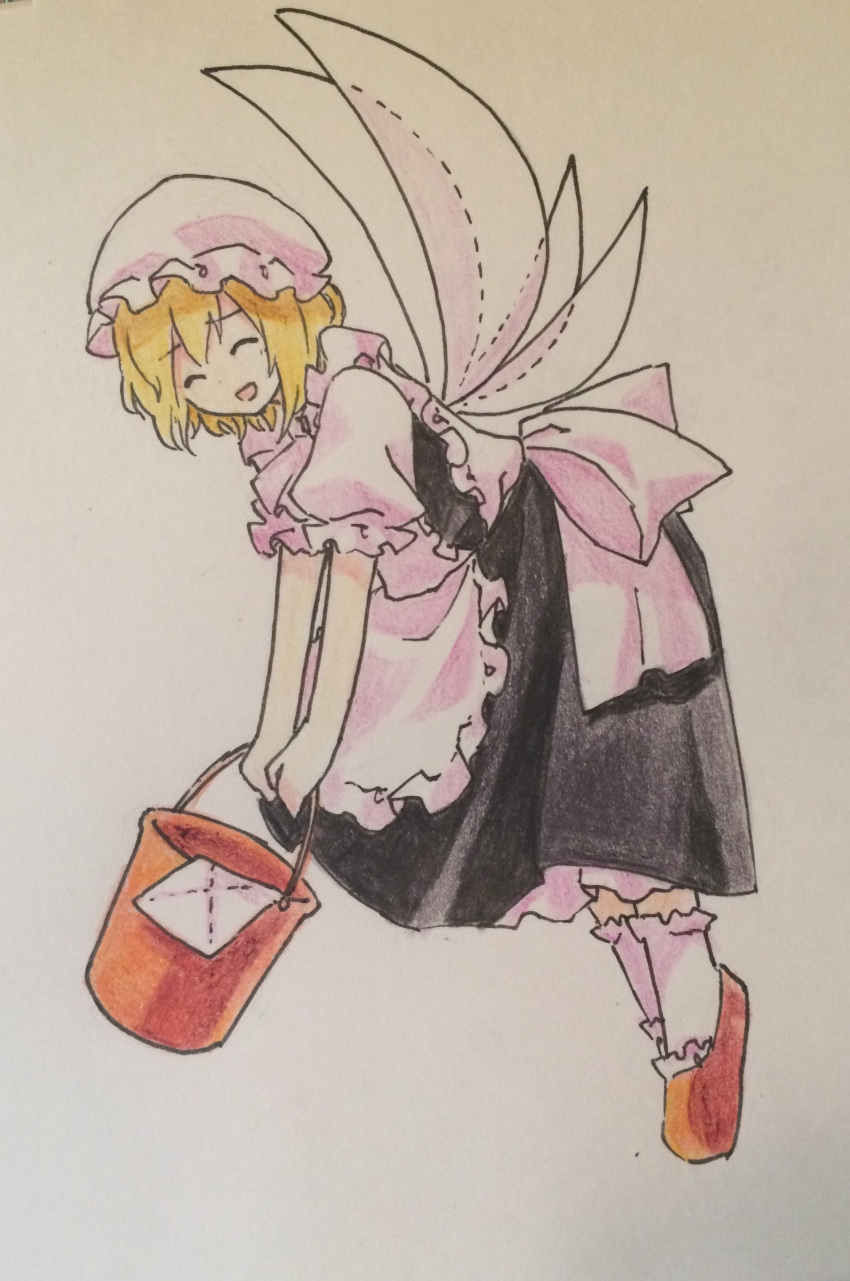 1girl absurdres apron black_dress brown_footwear bucket closed_eyes colored_pencil_(medium) commentary_request dress fairy_maid_(touhou) fairy_wings frilled_apron frilled_socks frills hat highres holding holding_bucket kaigen_1025 maid mob_cap open_mouth petticoat puffy_short_sleeves puffy_sleeves shirt short_hair short_sleeves simple_background smile socks solo touhou traditional_media white_apron white_background white_headwear white_shirt wings