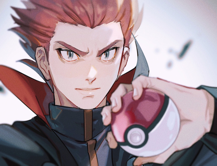 1boy blurry cape closed_mouth commentary_request depth_of_field grey_eyes hand_up highres holding holding_poke_ball jacket lance_(pokemon) long_sleeves male_focus ogege_(ogege_kyit) poke_ball poke_ball_(basic) pokemon pokemon_hgss popped_collar red_hair short_hair solo spiked_hair turtleneck turtleneck_jacket upper_body