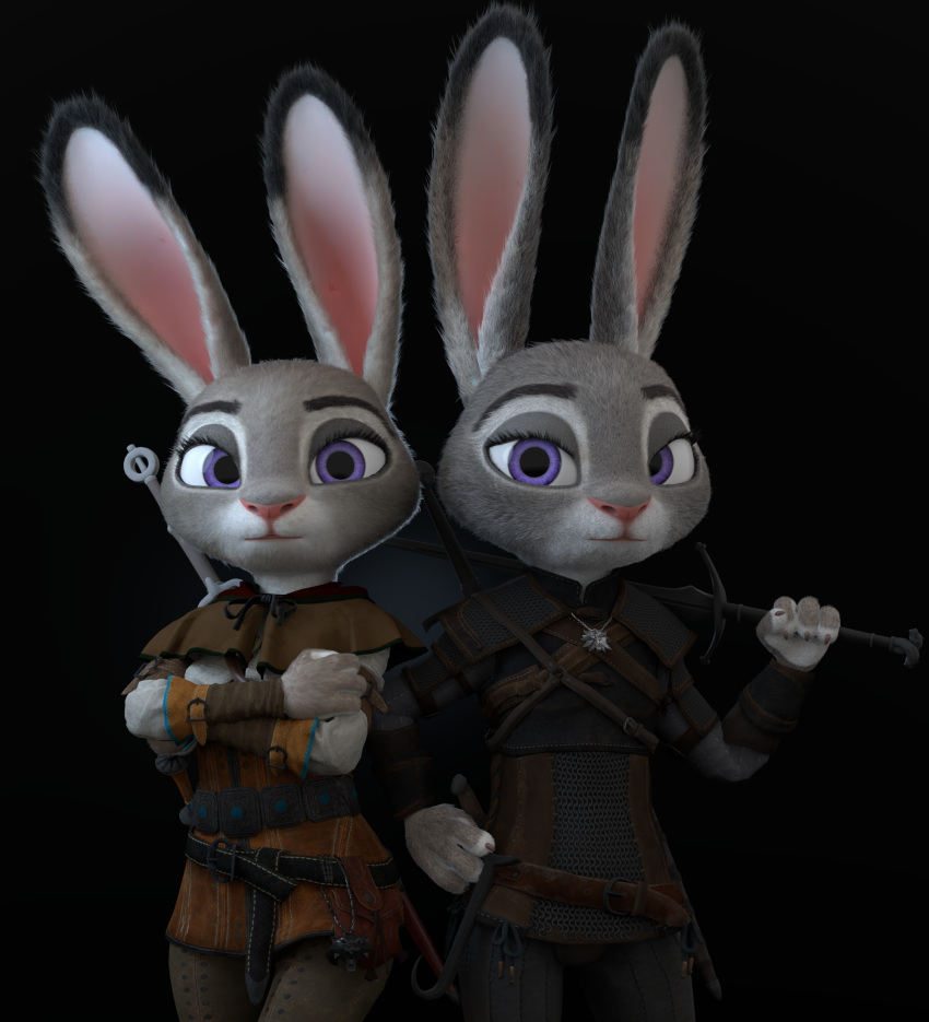 2020 3d_(artwork) anthro armor belt belt_pouch black_background claws clothing crossed_arms crossover digital_media_(artwork) disney duo ears_up eyebrows eyelashes female female/female fingers fur grey_body grey_fur handwear hi_res holding_object holding_weapon judy_hopps lagomorph leporid long_ears looking_at_viewer mammal melee_weapon melo multicolored_body multicolored_ears multicolored_fur pink_nose purple_eyes rabbit shoulder_pads simple_background standing sword the_witcher video_games weapon white_body white_fur zootopia