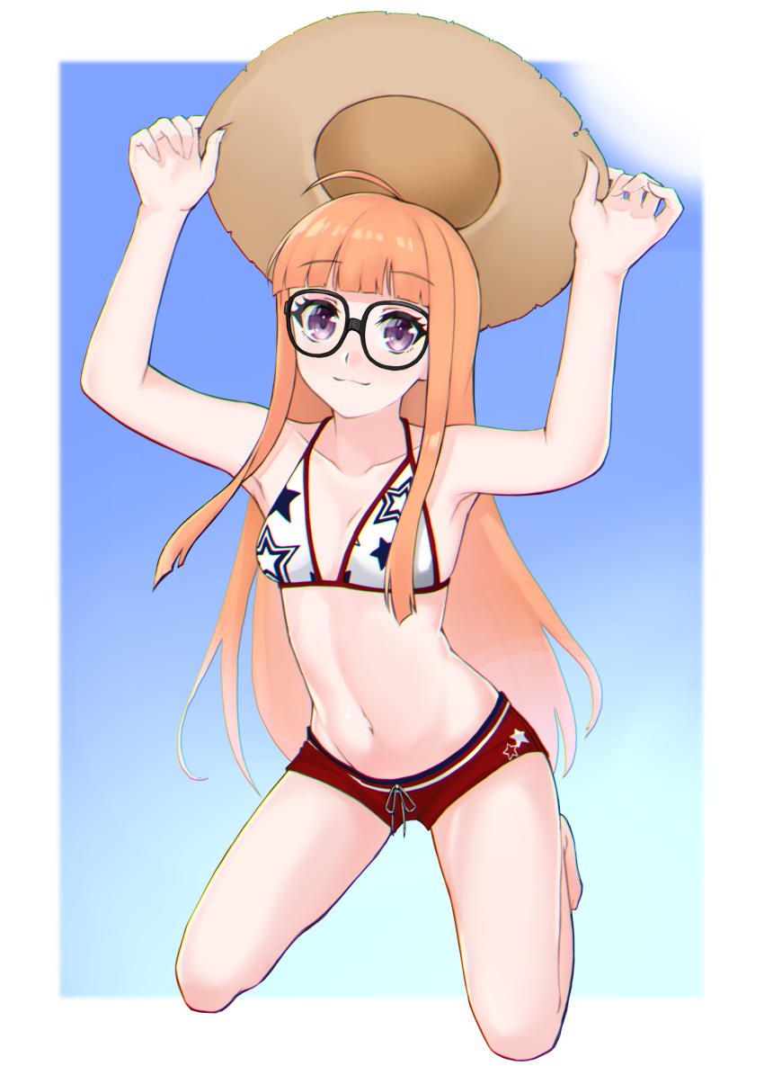 1girl absurdres ahoge armpits arms_up bangs bikini bikini_shorts black-framed_eyewear blonde_hair blue_background blunt_bangs breasts cleavage closed_mouth collarbone eyebrows_visible_through_hair full_body glasses groin hat highres holding holding_clothes holding_hat kneeling long_hair looking_at_viewer navel persona persona_5 print_bikini red_shorts renefu sakura_futaba shiny shiny_hair short_shorts shorts small_breasts smile solo star_(symbol) star_print straight_hair swimsuit two-tone_background very_long_hair white_background white_bikini