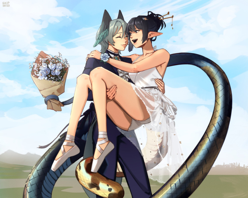 2girls arknights black_hair blue_eyes blue_jacket blue_pants blue_sky bouquet carrying carrying_person closed_eyes dress eunectes_(arknights) flower grey_hair hair_bun hair_ornament hairpin head_wings highres ho'olheyak_(arknights) holding holding_bouquet holding_with_tail jacket multiple_girls open_mouth outdoors panties pants pointy_ears prehensile_tail short_hair ski.ip sky smile snake_tail tail teeth tuxedo underwear upper_teeth_only white_dress white_flower white_panties wife_and_wife wings yuri