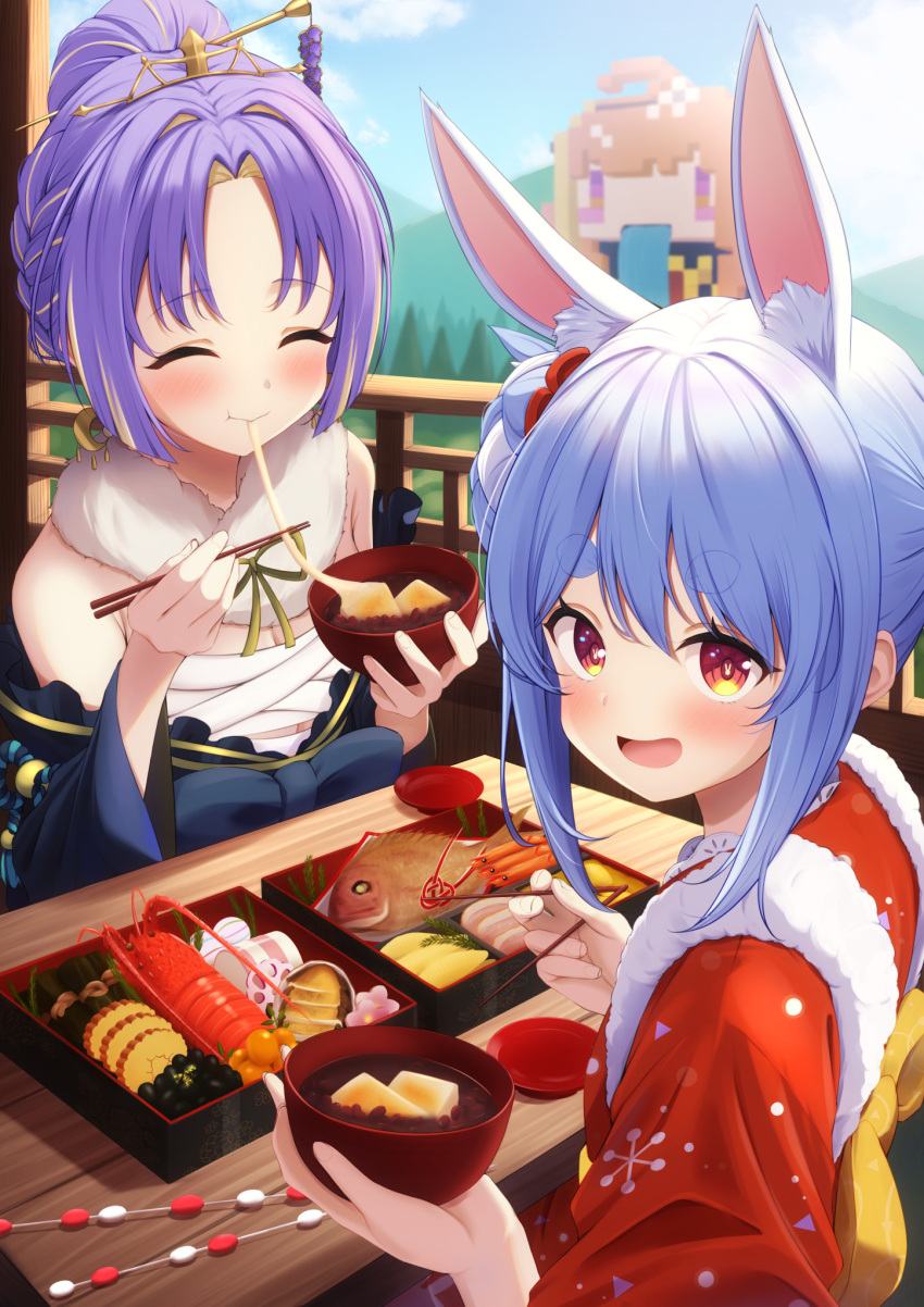 2girls :d animal_ears blonde_hair blue_hair blue_sky blush chest_sarashi chopsticks closed_eyes colored_inner_hair crescent crescent_earrings cup day earrings eating fish fur_collar happy_new_year highres hololive hololive_indonesia jewelry kaigan kiryu_coco lobster looking_at_viewer looking_back minecraft moona_hoshinova moona_hoshinova_(new_year) multicolored_hair multiple_girls purple_hair rabbit-shaped_pupils rabbit_ears rabbit_girl red_eyes sakazuki sarashi short_eyebrows sky smile symbol-shaped_pupils table thick_eyebrows usada_pekora usada_pekora_(new_year) variant_set virtual_youtuber