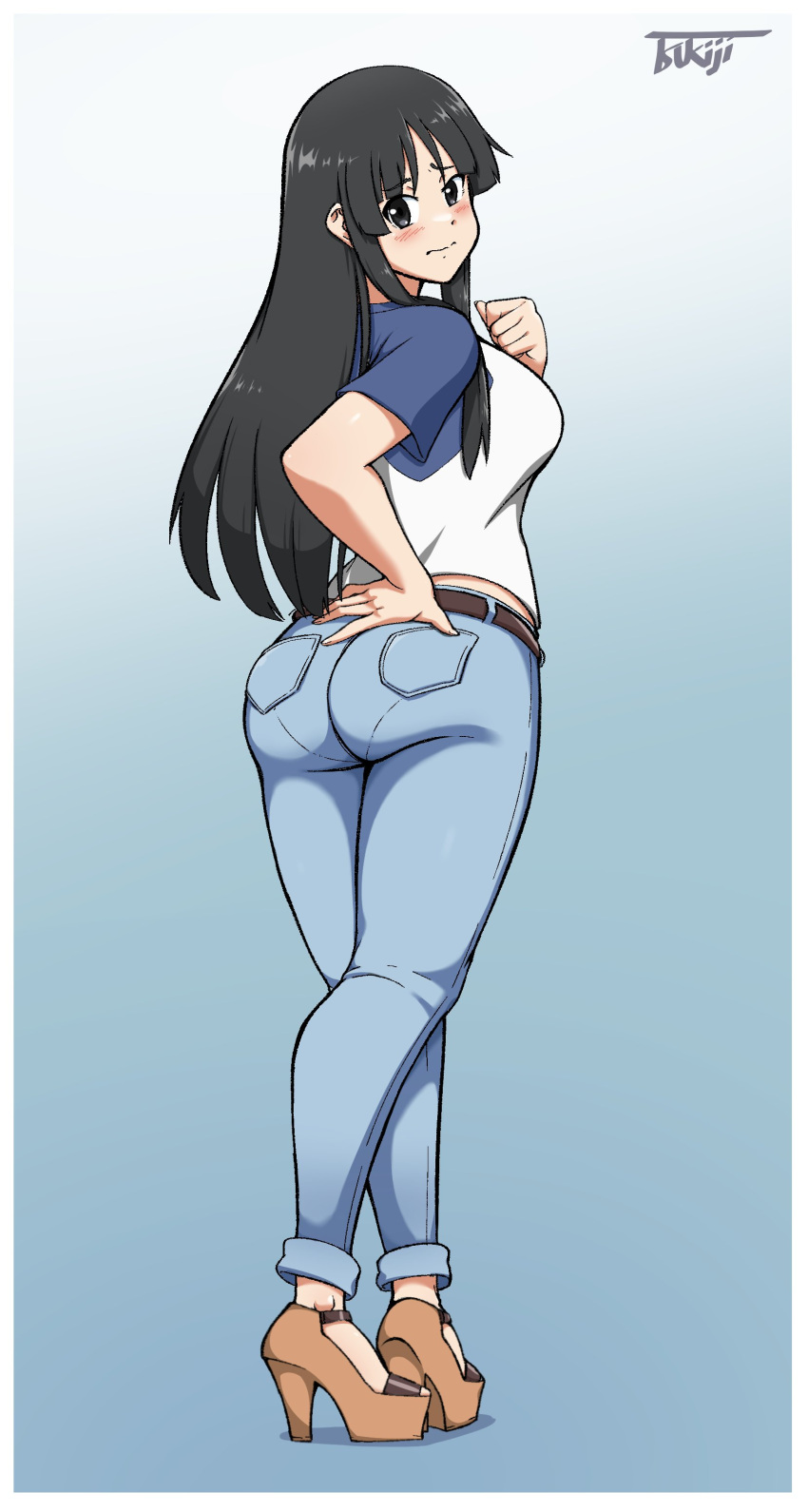 1girl absurdres akiyama_mio artist_name ass belt black_eyes black_hair blush border breasts brown_belt brown_footwear casual closed_mouth commission denim embarrassed english_commentary from_behind full_body high_heels highres jeans k-on! large_breasts long_hair looking_at_viewer looking_back pants pantylines pocket shiny_clothes shirt sideboob sidelocks solo t-shirt tsukijitums watermark white_border