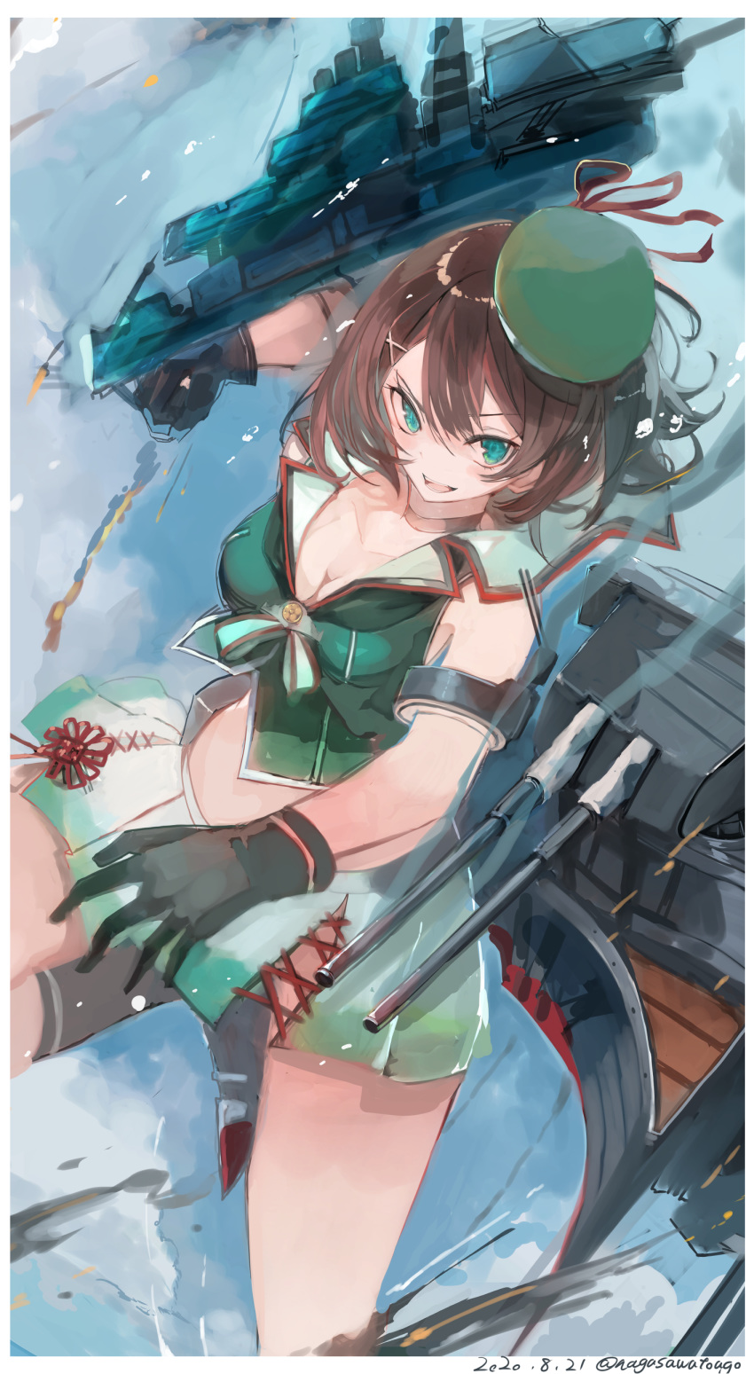 1girl absurdres bangs beret black_gloves blue_eyes blush border breasts brown_hair cleavage dated gloves hat highres kantai_collection kneehighs large_breasts leg_up maya_(kantai_collection) midriff nagasawa_tougo open_mouth pleated_skirt remodel_(kantai_collection) rigging short_hair skirt sleeveless smoke solo twitter_username white_border